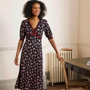 Boden Black and Pink Floral Midi Dress